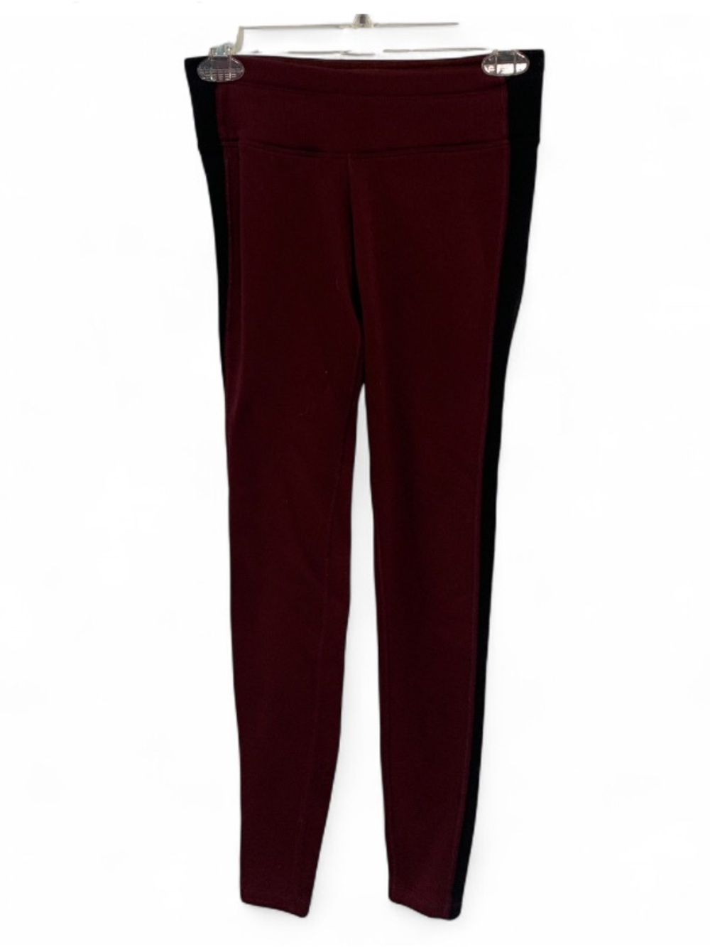 Athleta Fleece Lined Burgundy and Black Side-Stripe Leggings